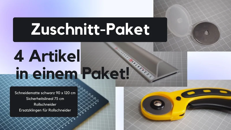 Zuschnitt Paket: Schneidematte 90 x 120 cm + Sicherheitslineal + Rollschneider + Ersatzklingen