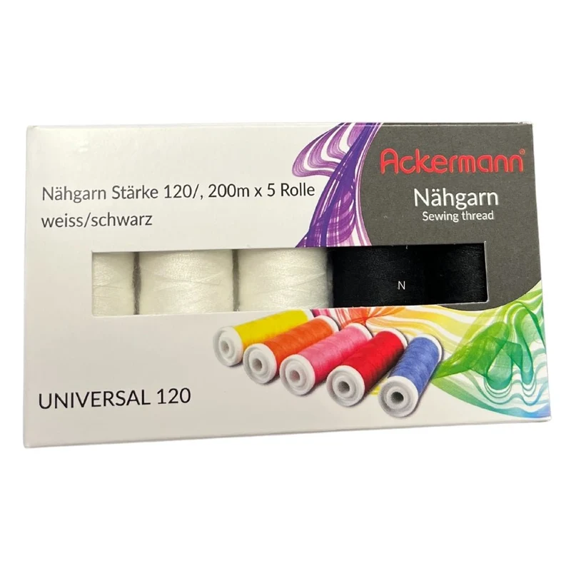 Ackermann 5X 200m UNIVERSAL NÄHGARN (Allesnäher), Stärke 120, 100% Polyester, reißfest (3X Weiß + 2X Schwarz)