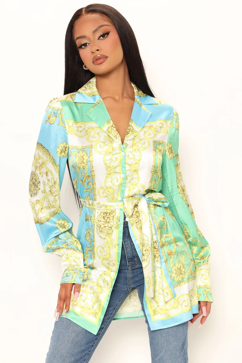 Raya Oversized Satin Shirt - Blue/combo