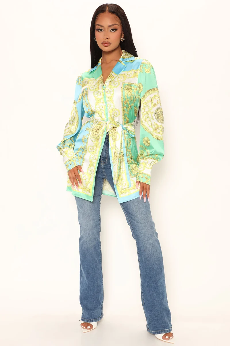 Raya Oversized Satin Shirt - Blue/combo