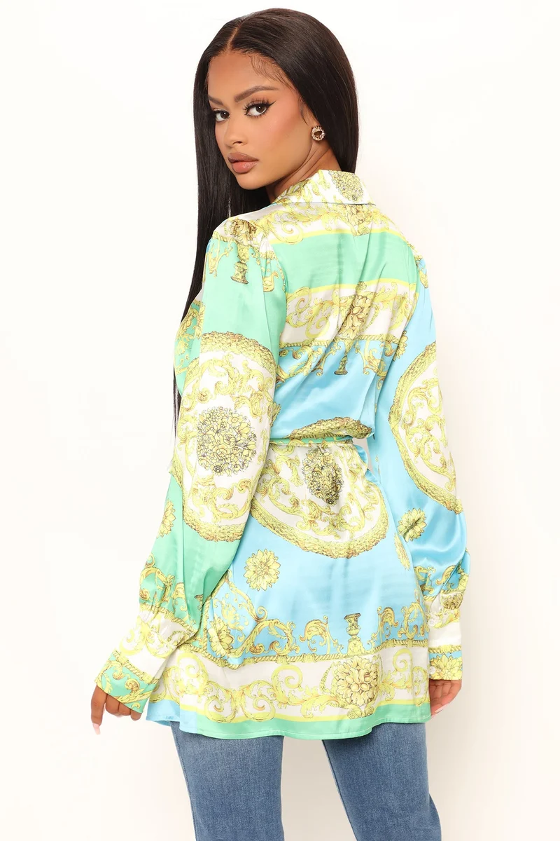 Raya Oversized Satin Shirt - Blue/combo