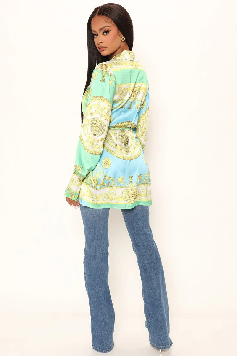 Raya Oversized Satin Shirt - Blue/combo