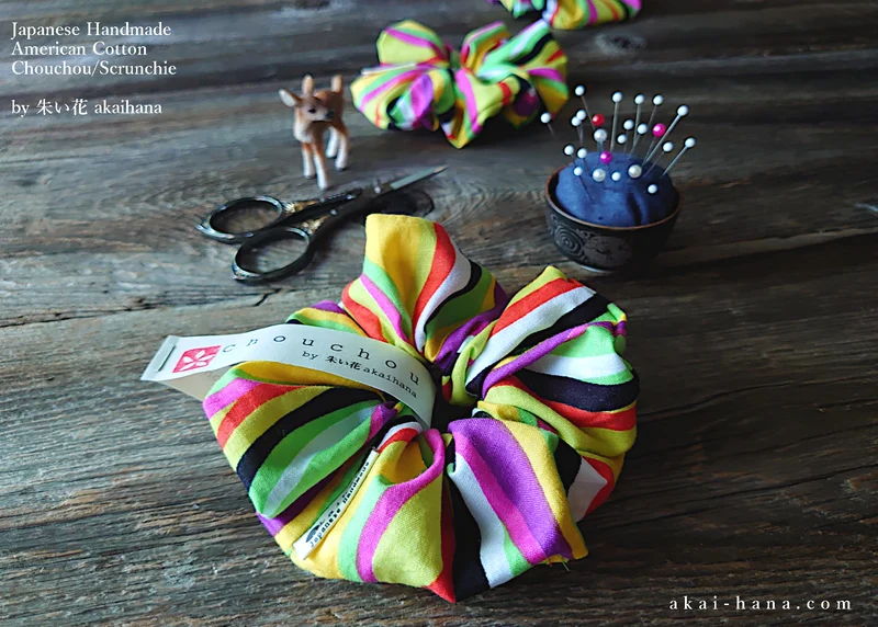 Japanese Handmade Scrunchies, Neon Stripes, scaf0014