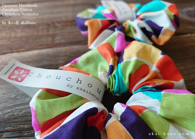 Japanese Handmade Scrunchies, Rainbow Tiles, scaf0004