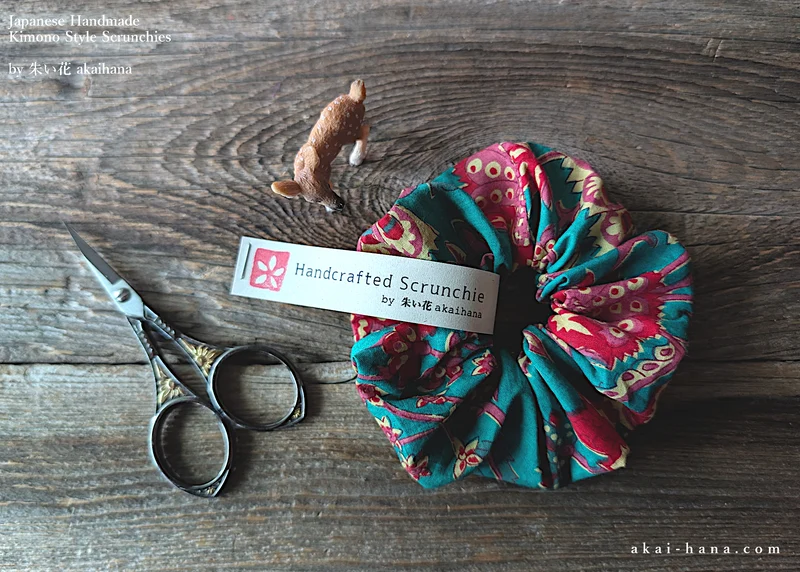 Japanese Handmade Scrunchies, Blue Green Floral ⦿scjf0115