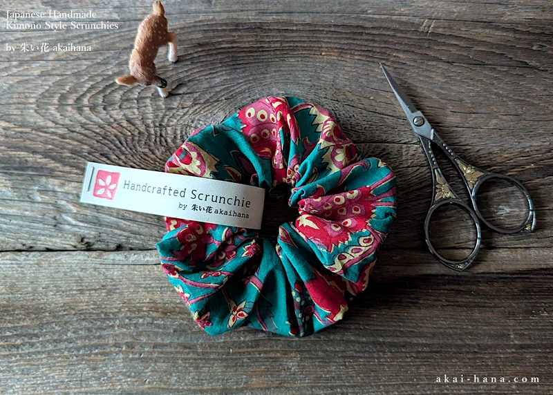 Japanese Handmade Scrunchies, Blue Green Floral ⦿scjf0115