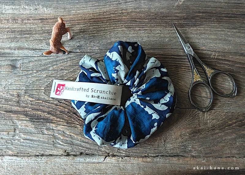 Japanese Handmade Scrunchies, Indian Cotton Blue ⦿scjf0113
