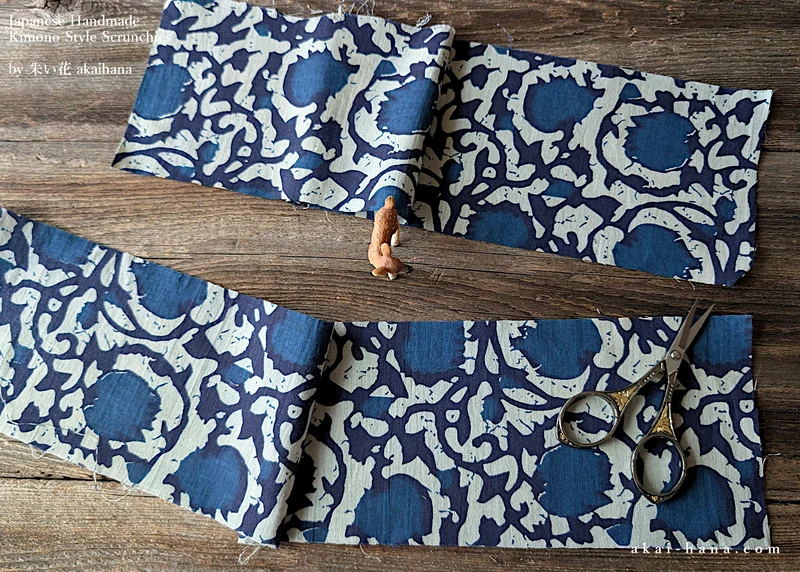 Japanese Handmade Scrunchies, Indian Cotton Blue ⦿scjf0113
