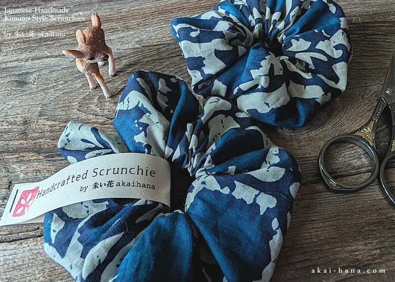 Japanese Handmade Scrunchies, Indian Cotton Blue ⦿scjf0113