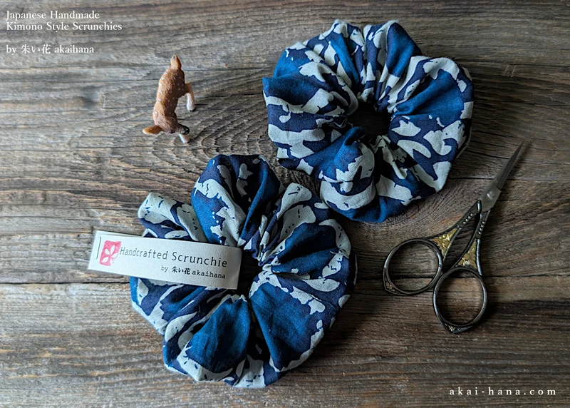 Japanese Handmade Scrunchies, Indian Cotton Blue ⦿scjf0113
