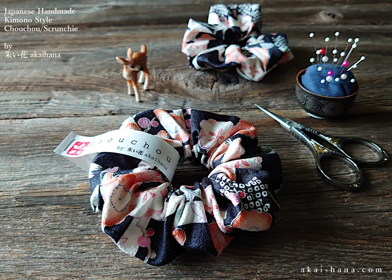 Japanese Handmade Kimono style Scrunchies, Ume (Plum) and Hikita Black, scjf0004