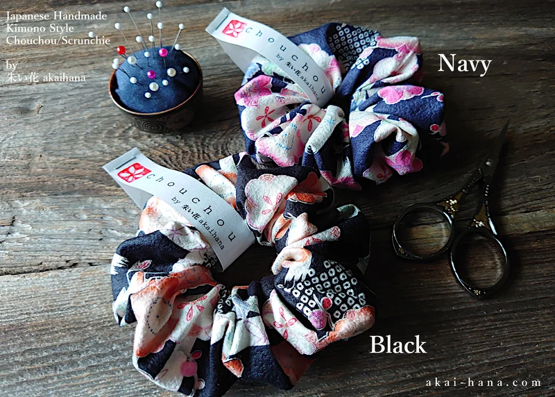 Japanese Handmade Kimono style Scrunchies, Ume (Plum) and Hikita Black, scjf0004