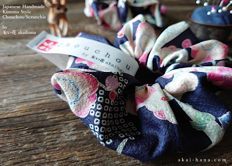 Japanese Handmade Kimono Style Scrunchies, Ume (Plum) and Hikita Navy, scjf0003