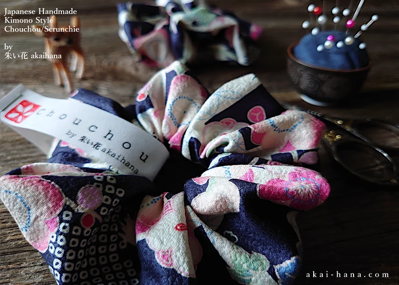 Japanese Handmade Kimono Style Scrunchies, Ume (Plum) and Hikita Navy, scjf0003
