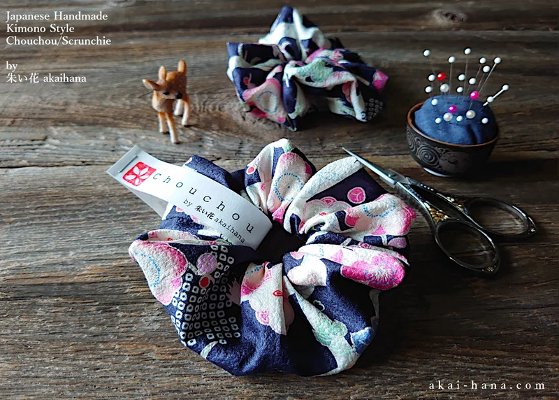 Japanese Handmade Kimono Style Scrunchies, Ume (Plum) and Hikita Navy, scjf0003
