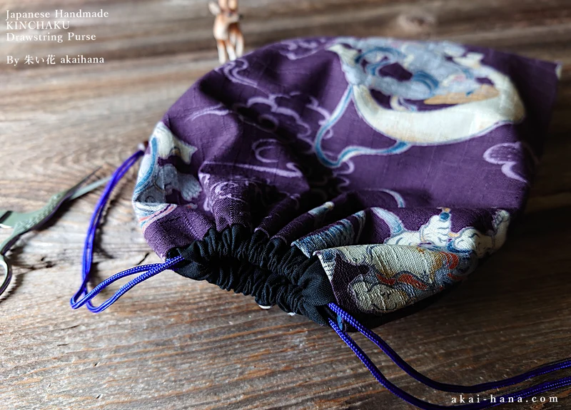 Wagara Kinchaku Drawstring Purse, Fūjin Raijin (Gods of wind and thunder) Purple, Large W20cm x H25cm (8" x 9 3/4") ⦿kpjf0011