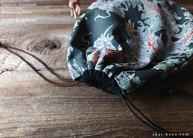 Wagara Kinchaku Drawstring Purse, Dragon, Large W20cm x H25cm (8" x 9 3/4") ⦿kpjf0009