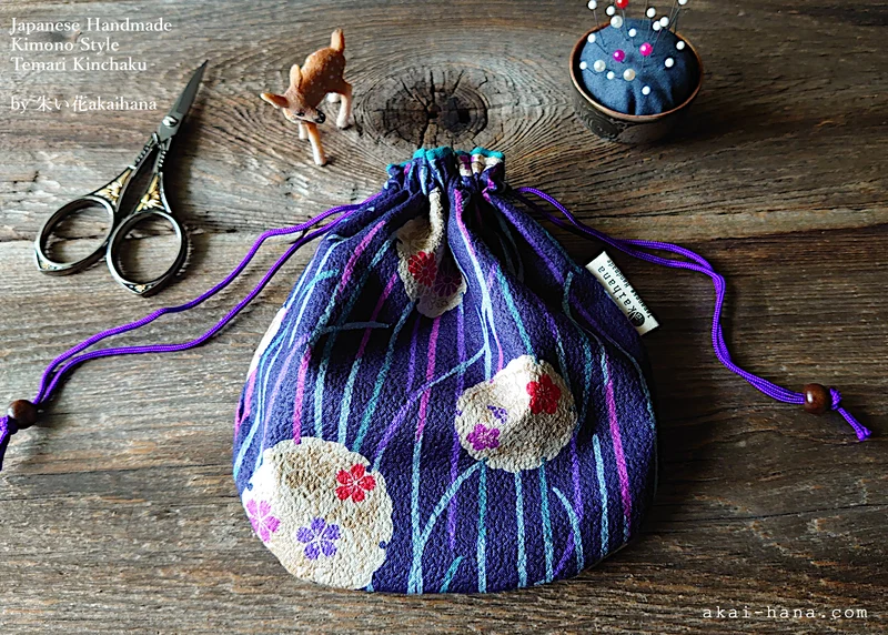 Japanese Handmade Temari Kinchaku Purse, Flower Balls Blue Purple, tkjp0007
