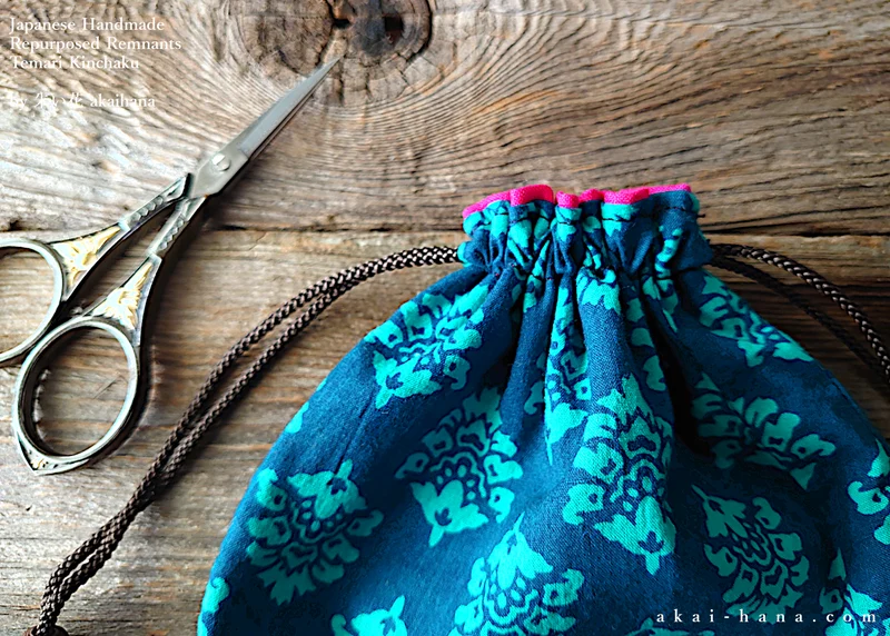 Repurposed Indian Calico Temari Kinchaku (drawstring) Purse, Blue x Turquoise, tkvu0002