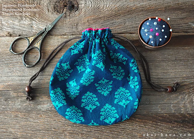 Repurposed Indian Calico Temari Kinchaku (drawstring) Purse, Blue x Turquoise, tkvu0002