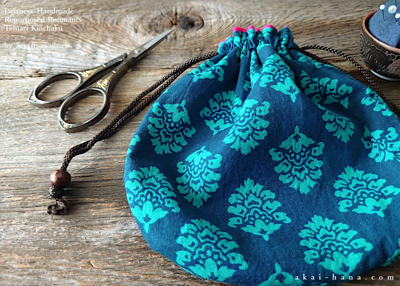 Repurposed Indian Calico Temari Kinchaku (drawstring) Purse, Blue x Turquoise, tkvu0002