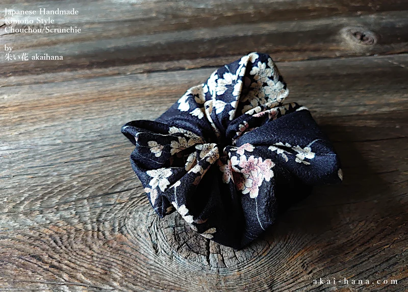Japanese Handmade Kimono style Scrunchies, Shidarezakura (Weeping Cherry) Black, scjf0002