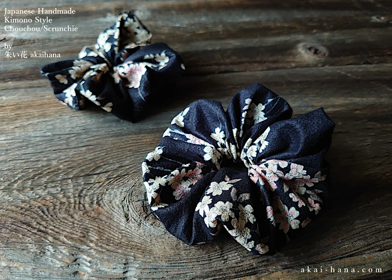 Japanese Handmade Kimono style Scrunchies, Shidarezakura (Weeping Cherry) Black, scjf0002