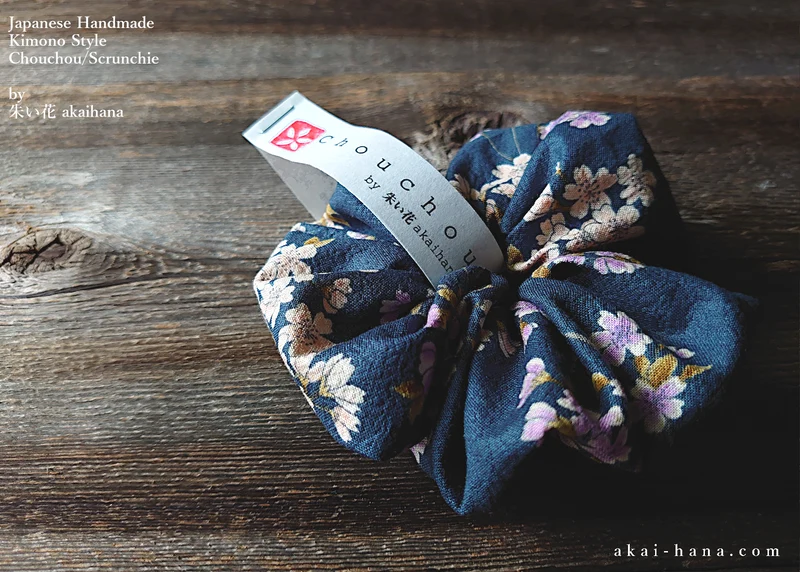 Japanese Handmade Kimono style Scrunchies, Shidarezakura (Weeping Cherry) Dark Blue ⦿scjf0001
