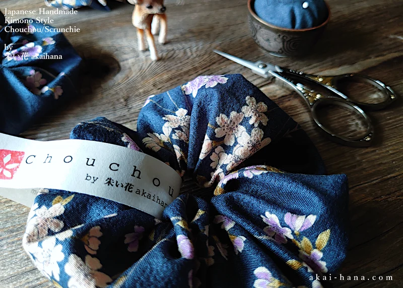 Japanese Handmade Kimono style Scrunchies, Shidarezakura (Weeping Cherry) Dark Blue ⦿scjf0001