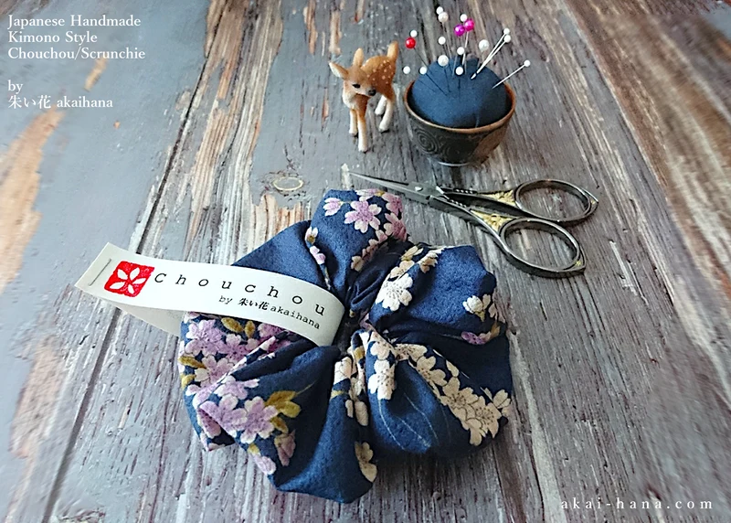 Japanese Handmade Kimono style Scrunchies, Shidarezakura (Weeping Cherry) Dark Blue ⦿scjf0001