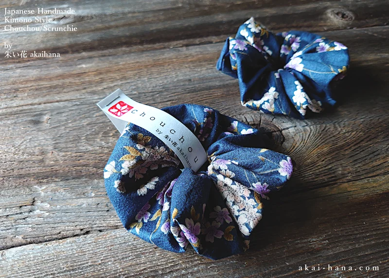 Japanese Handmade Kimono style Scrunchies, Shidarezakura (Weeping Cherry) Dark Blue ⦿scjf0001