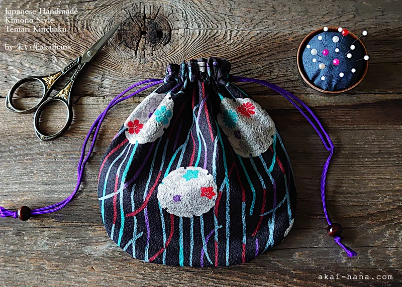 Japanese Handmade Temari Kinchaku Purse, Flower Balls Black, tkjp0006
