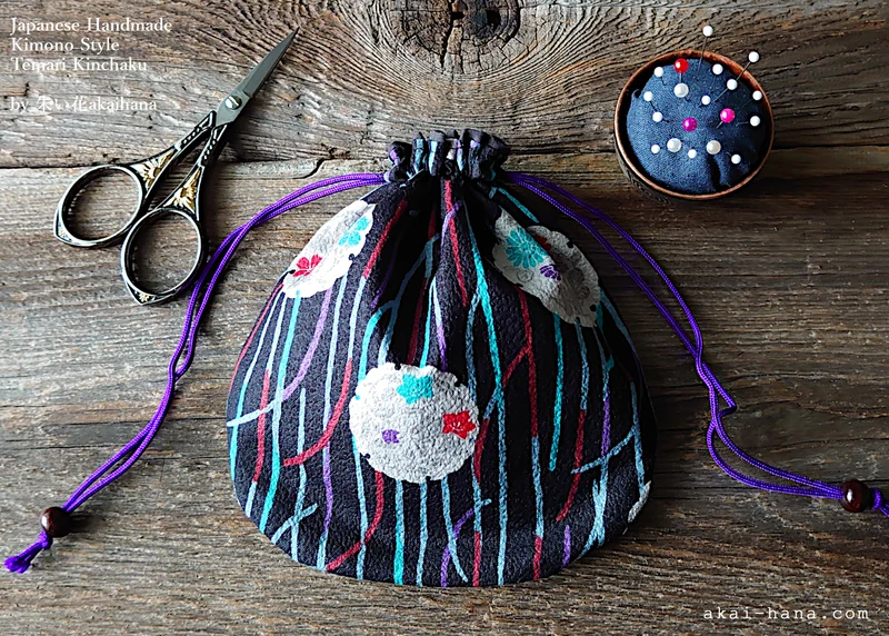 Japanese Handmade Temari Kinchaku Purse, Flower Balls Black, tkjp0006