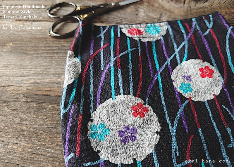 Japanese Handmade Temari Kinchaku Purse, Flower Balls Black, tkjp0006