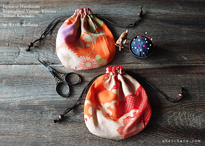 Repurposed Vintage Kimono Temari Kinchaku Purse, Orange Floral, tkvk0004