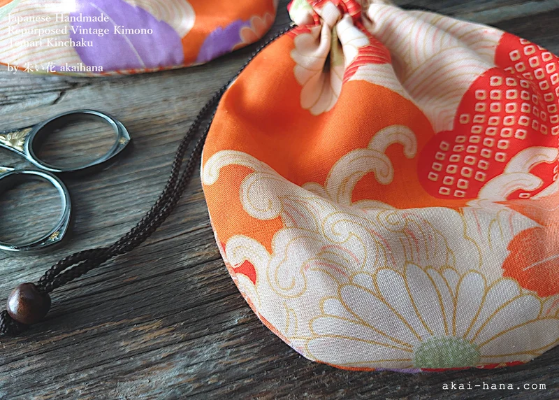 Repurposed Vintage Kimono Temari Kinchaku Purse, Orange Floral, tkvk0004