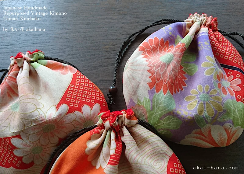 Repurposed Vintage Kimono Temari Kinchaku Purse, Orange Floral, tkvk0004