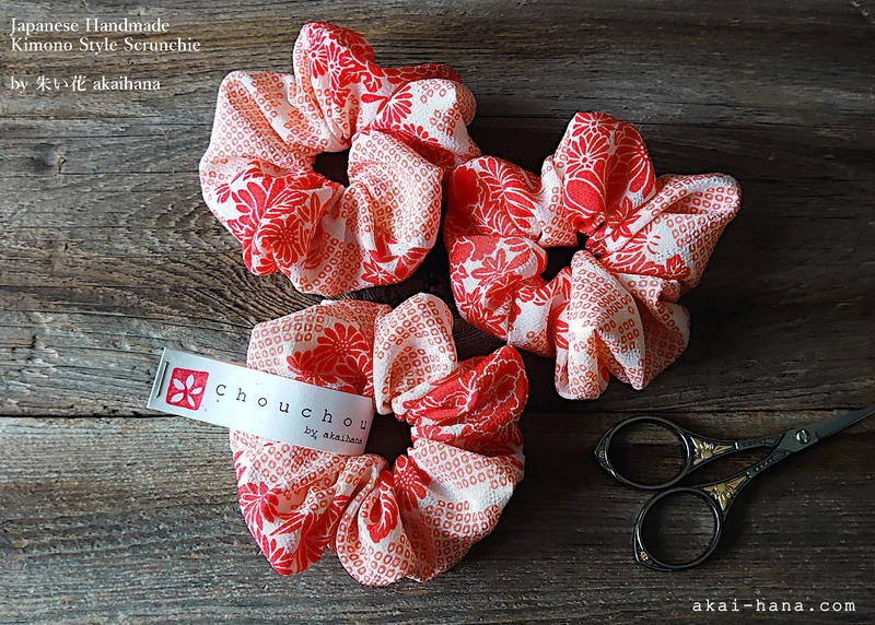 Japanese Handmade Kimono Style Scrunchie, Red and Pink Floral Chirimen