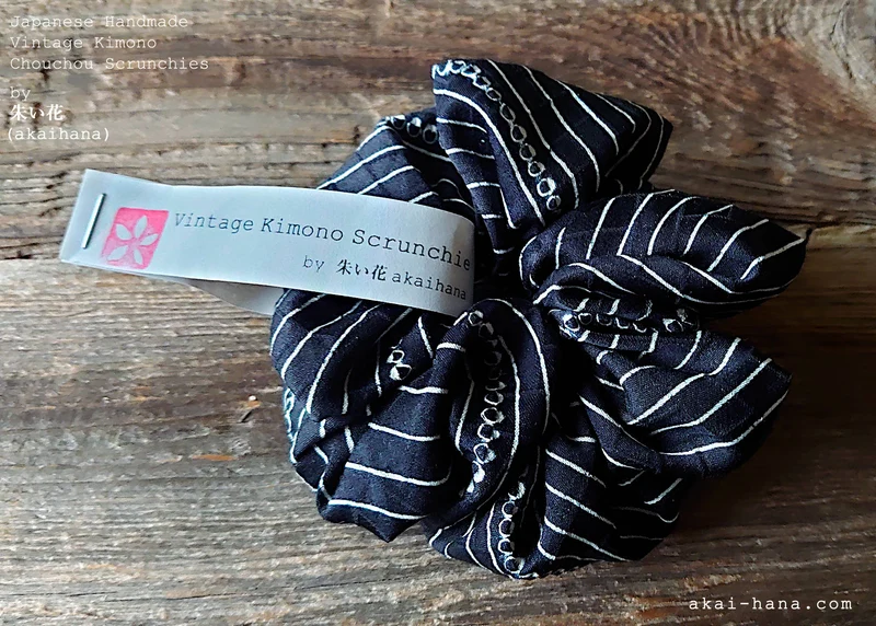 Vintage Kimono Scrunchies, Shibori Black x White, Japanese Handmade