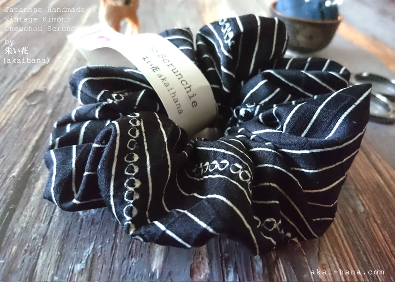 Vintage Kimono Scrunchies, Shibori Black x White, Japanese Handmade