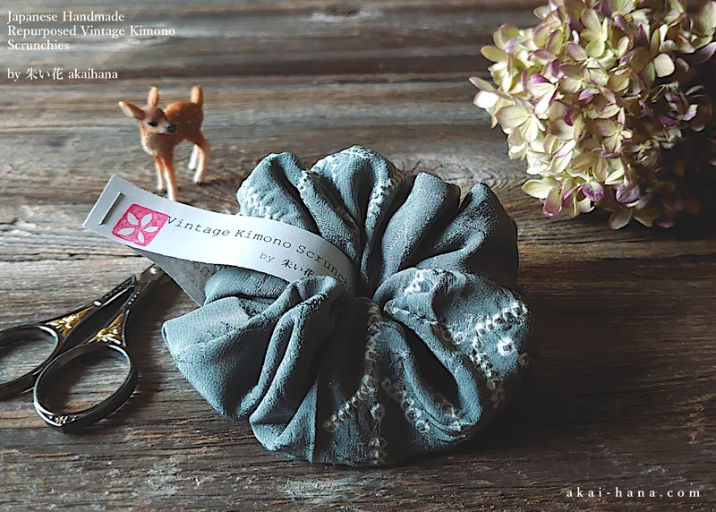 Vintage Kimono Scrunchies, Gray Shibori, Japanese Handmade