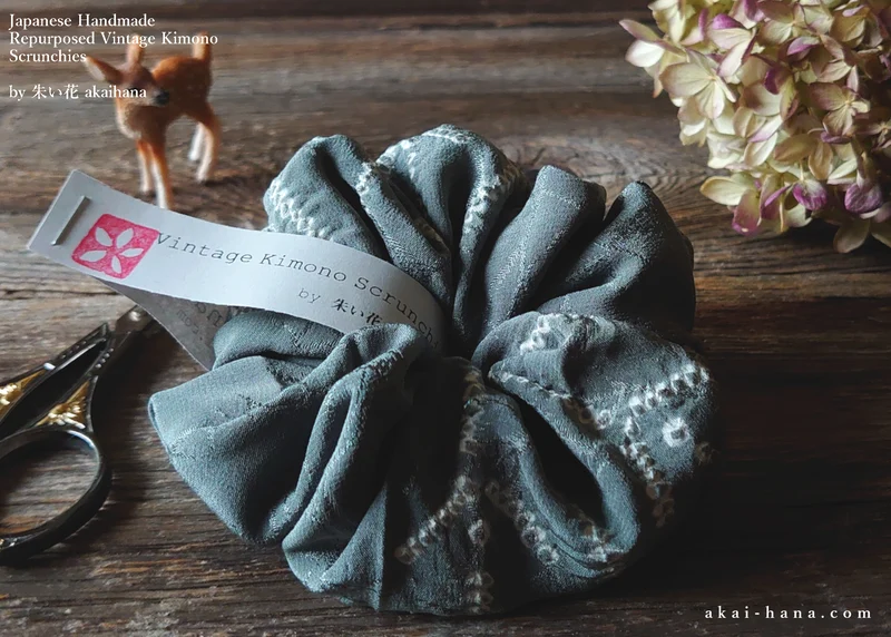 Vintage Kimono Scrunchies, Gray Shibori, Japanese Handmade