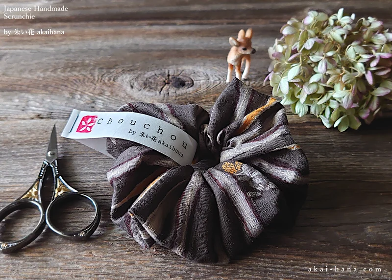 Handmade Kimono style Scrunchies, Kawarijima Gray, 100% Japanese cotton