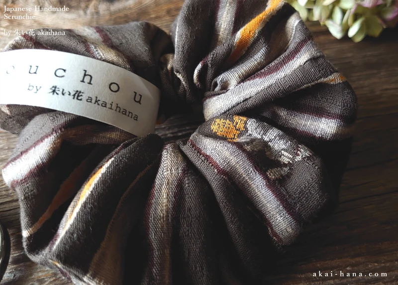 Handmade Kimono style Scrunchies, Kawarijima Gray, 100% Japanese cotton