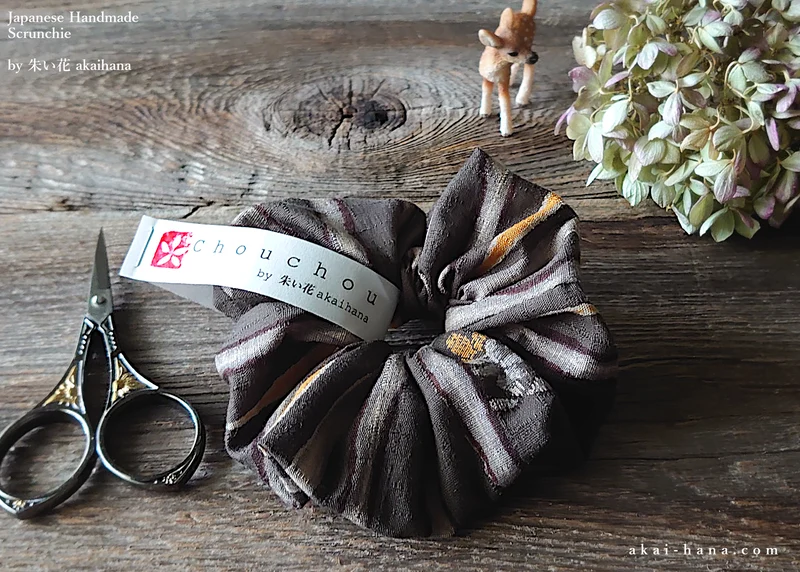 Handmade Kimono style Scrunchies, Kawarijima Gray, 100% Japanese cotton