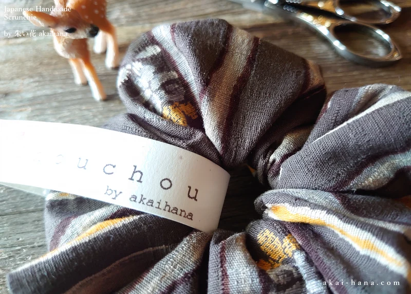Handmade Kimono style Scrunchies, Kawarijima Gray, 100% Japanese cotton