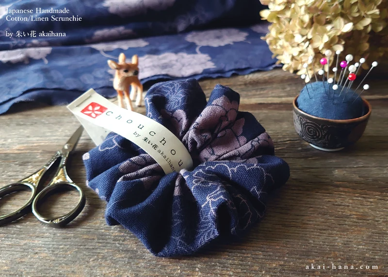 Japanese Handmade Scrunchies, Purple Dyed Floral from Thailand, scjf0088