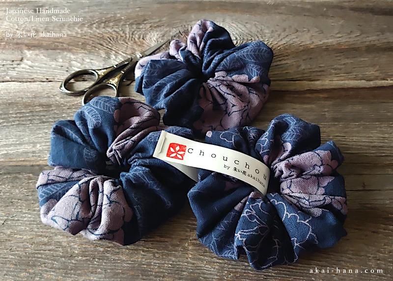 Japanese Handmade Scrunchies, Purple Dyed Floral from Thailand, scjf0088