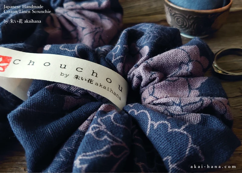 Japanese Handmade Scrunchies, Purple Dyed Floral from Thailand, scjf0088