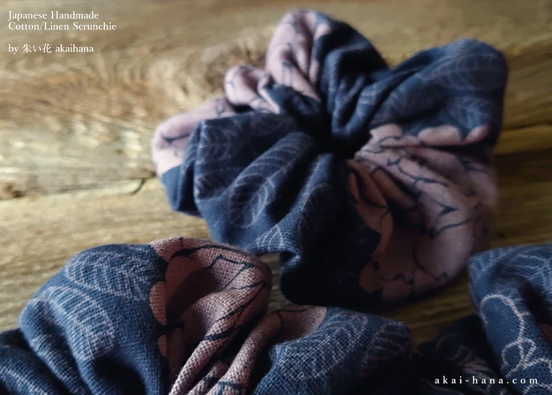 Japanese Handmade Scrunchies, Purple Dyed Floral from Thailand, scjf0088